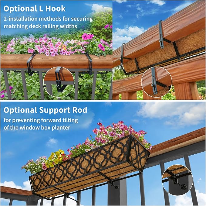 6pcs 24 Inch Window Deck with Coco Liner, 24" Window Boxes Horse Trough with Coconut Coir Liner, Metal Hanging Flower Planter Window Basket Deck Railing Planter Boxes for Outdoor Indoor Lawn