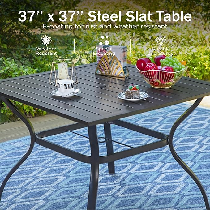 PHI VILLA 5-Piece Outdoor Dining Sets, All-Weather Patio Table and Chairs Set for 4, Heavy Duty Patio Table Set Square for Deck, 4 Extra Large Outdoor Metal Wicker Dining Chairs with Thick Cushions