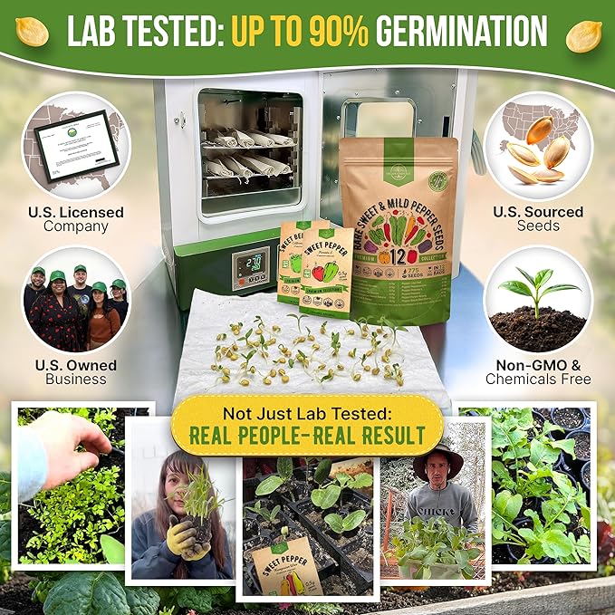 Organo Republic 12 Rare Sweet & Mild Pepper Seeds Variety Pack - 770+ Non-GMO Heirloom Pepper Seeds for Outdoor and Indoor Home Gardening, Including Pepper Anaheim, Pepperonchini, Pimento, Lilac Bell