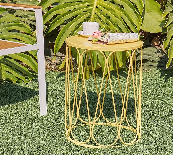 HFHOME Set of 3 Metal Outdoor Side Table, Nesting Round Coffee Table for Indoor Outdoor, Heavy Duty End Tables Plant Stand Living Room Garden Stool - Yellow