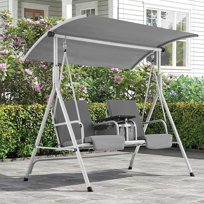 HOMREST 2 Seat Outdoor Porch Swing,Patio Swing with Adjustable Canopy, Heavy Duty 650 LBS Outdoor Swing with Pivot Storage Table & 2 Cup Holders & Cushions for Yard, Lawn, Backyard, Grey