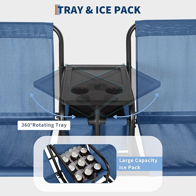 2-Person Porch Swing with Cup Holders, Pivot Storage Table & Cooler Bag, Adjustable Canopy, Black Steel Frame Outdoor Patio Swing for Backyard, Balcony & Poolside