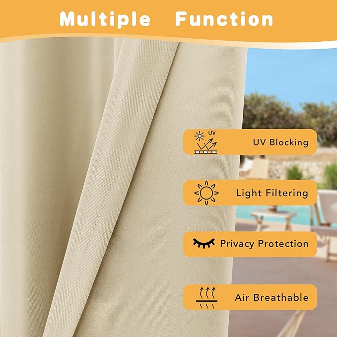 HolidayIdeas Outdoor Curtains for Patio Waterproof, 4 Panels - 54 x 120 Inch - Privacy Protection & Light Filtering Curtains Cream Grommet Outside Curtains for Porch, Gazebo, Pergola, Backyard