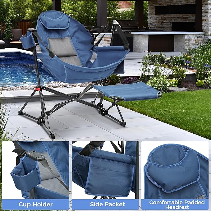 Ainfox Hammock Chair with Footrest, Oversized Swinging Portable Folding Camping Chairs for Adults Outside Swinging Camp with Cup Holder Pillow for Outdoor Patio Lawn Dark Blue