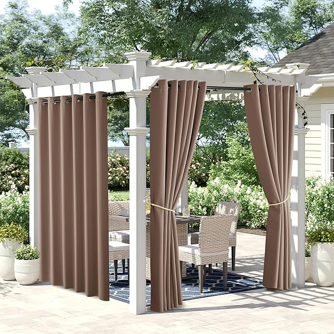 NICETOWN 2 Panels Outdoor Curtains for Patio Waterproof, Home Decor Thermal Insulated Grommet Blackout Indoor Outdoor Vertical Blinds for Garage/Gazebo/Pergola, W84 x L95, Tan