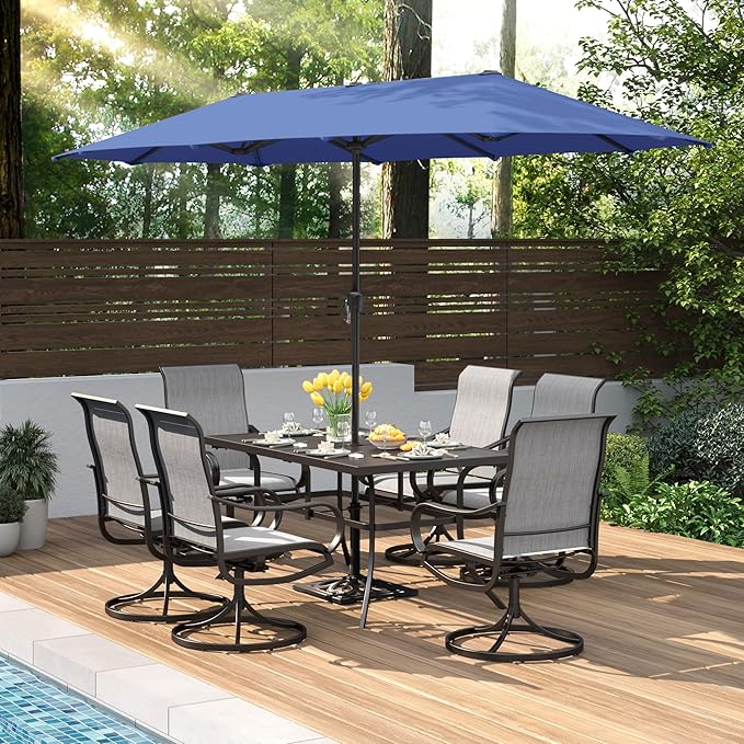 PHI VILLA 8 PCS Patio Dining Set with 13ft Haze Blue Patio Table Umbrella for 6, 1 Rectangle Metal Table and 6 Outdoor Swivel Patio Chairs, Garden Dining Fruniture Set for Lawn Deck(No Umbrella Base)