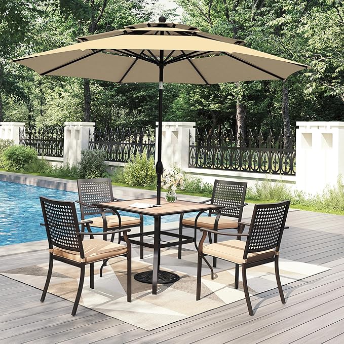PHI VILLA 5 Pieces Outdoor Dining Set for 4 with Umbrella, 37" Square Wood-Like Steel Table & Stackable Iron Chairs with Cushions & 10ft Beige Umbrella, Modern Furniture for Patio, Deck, Yard, Porch