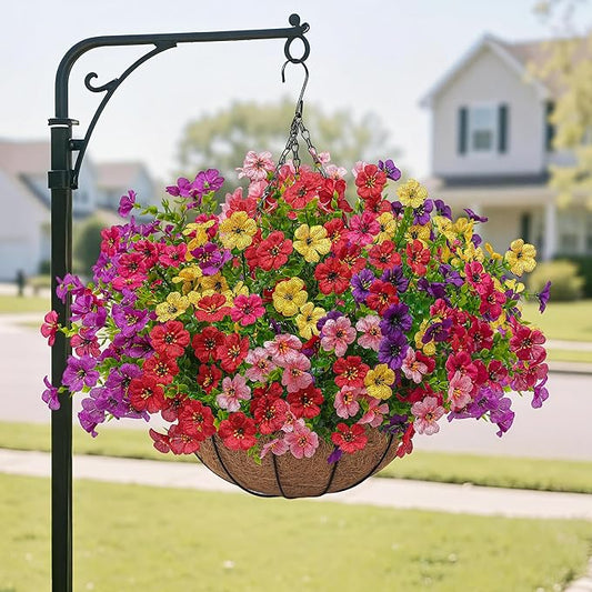 Artificial Faux Hanging Plants Flowers Basket for Outdoors Spring Summer Decoration,Hanging Planters with Fake Silk Flowers UV Resistant Realistic for Outside Porch Patio Balcony Garden （6 Multicolor）