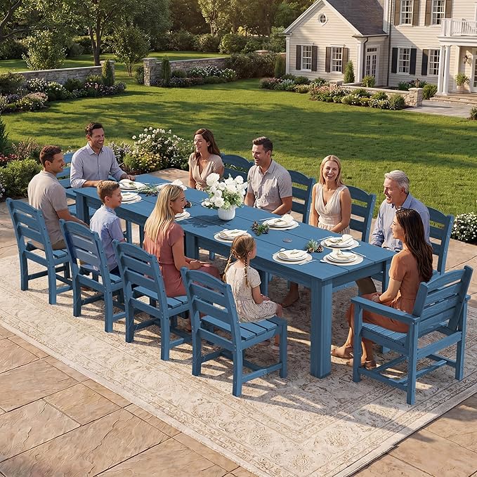 SERWALL Outdoor Dining Sets for 6, HDPE Dining Sets with 1 Umbrella Hole Cut-Out Rectangular Table and 4 Armless Chairs and 2 Armchairs, Patio Dining Sets, Blue