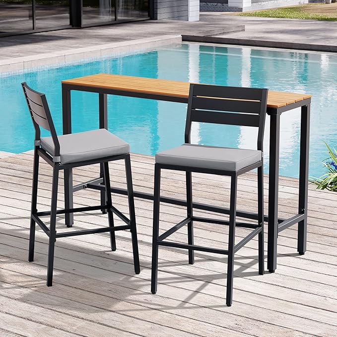 Crestlive Products Outdoor Bar Table and Chairs Set, 3 Piece Outside Patio Bar Set with 55" Long Bar Table and 2 Bar Stools for Balcony, Bistro, Garden, Backyard(Brown Desktop and Light Gray Cushion)