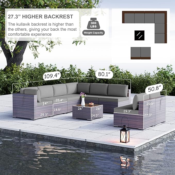Kullavik 9 Pieces Outdoor Patio Furniture Set,Outdoor Sectional Rattan Sofa Set Brown PE Rattan Wicker Patio Conversation Set with Tempered Glass Coffee Table and Washable Cushions Covers,Grey