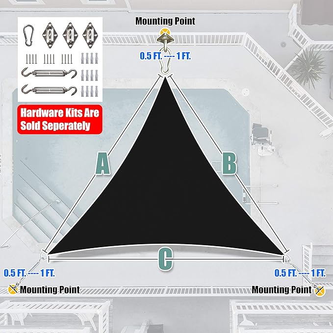 Amgo Custom Size 26' x 26' x 26' Black Triangle Sun Shade Sail Order to Make Canopy Awning UPF50+ AGSLT, 95% UV Blockage, Water & Air Permeable, 200GSM Commercial Standard (We Customize)