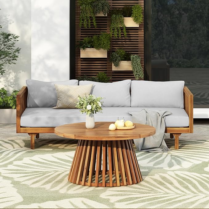 Christopher Knight Home Claremont Patio Sofa and Coffee Table Set, 2 Piece Outdoor Patio Furniture Set with Cushion, Acacia Wood 3 Seater Outdoor Sofa Daybed and Coffee Table Set, Teak+Light Grey