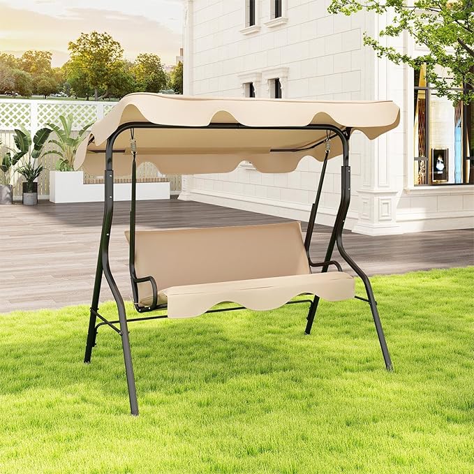 Porch Swing Outdoor, 3 Person Patio Swing w/Removable Cushion, Stand & Adjustable Canopy, Heavy Duty Swing Chair for Patio, Garden, Courtyard, Poolside