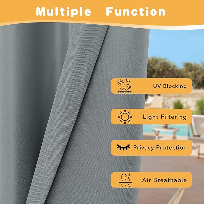 HolidayIdeas Extra Wide Outdoor Curtains for Patio Waterproof, 2 Panels - 110 x 95 Inch - Privacy & Light Filtering Curtains Grommet Outside Curtains for Porch, Gazebo, Pergola, Backyard (Grey)