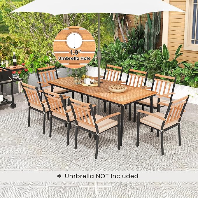 Tangkula 9-Piece Patio Dining Set, 79" Rectangle Dining Tables with 8 Wooden Armchairs, Outdoor Acacia Wood Dining Furniture Set with 1.9" Umbrella Hole for Garden, Porch, Deck