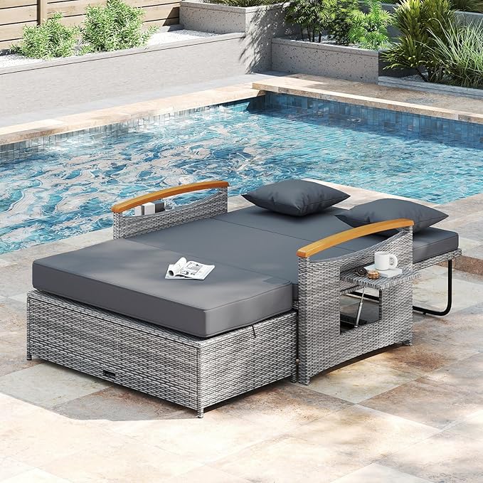 LDAILY Moccha Outdoor Wicker Daybed, Patio Rattan Loveseat Sofa w/ 4-Level Adjustable Backrest, Folding Panels, Storage Ottoman & Cushions, Lounge Furniture Set for Poolside Backyard Porch (Grey)