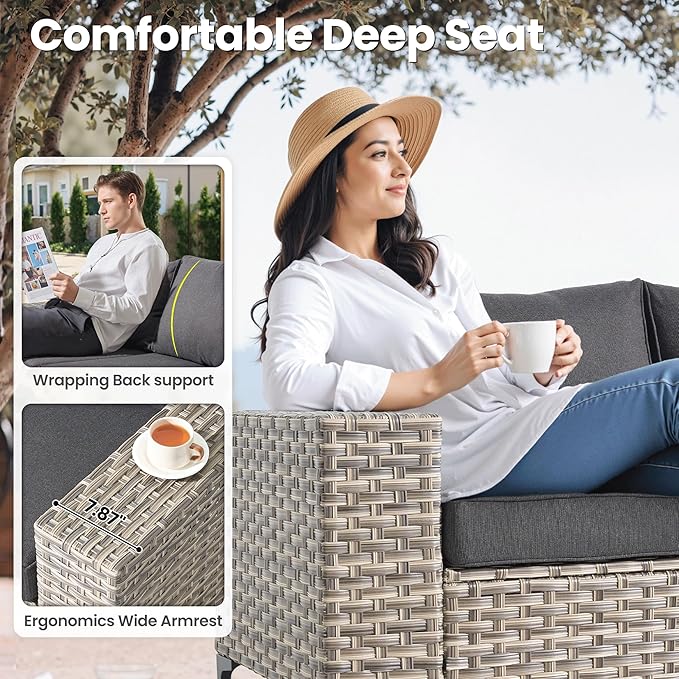 ovios 8-Piece Patio Furniture Set with L-Shape Sofa Chaise, Outdoor Sectional Couch Swivel Gliders Solar Table, Modern Modular Wicker Rattan Conversation Set, Black