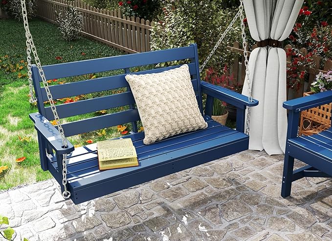 GREENVINES Porch Swing | 51’’ | HDPE Plastic | for Outdoor Patio | All Weather | Waterproof Bench Swings | w/ 4 Stainless Steel Chains | Blue