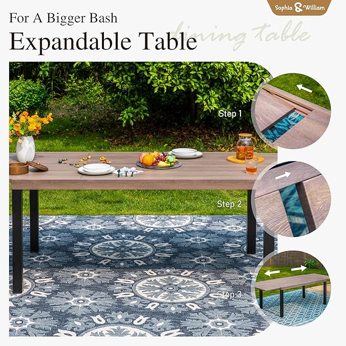 Sophia & William Expandable Patio Dining Table, Extra Large 99.2" L x 35.5" W Outdoor Dining Table for 6-10 Person Metal Rectangular Patio Table with E-Coating for Garden Porch Deck, Brown