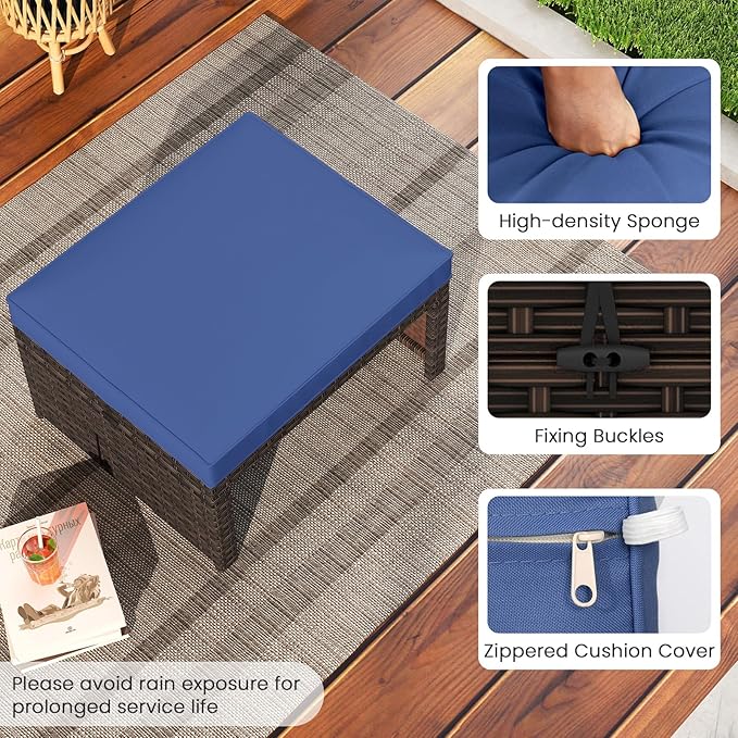 Tangkula 2 Pieces Patio PE Rattan Ottomans, Multipurpose Outdoor Footstool Footrest Additional Seating Side Table with Soft Zippered Cushions for Deck, Garden, Poolside and Yard (Navy Blue)