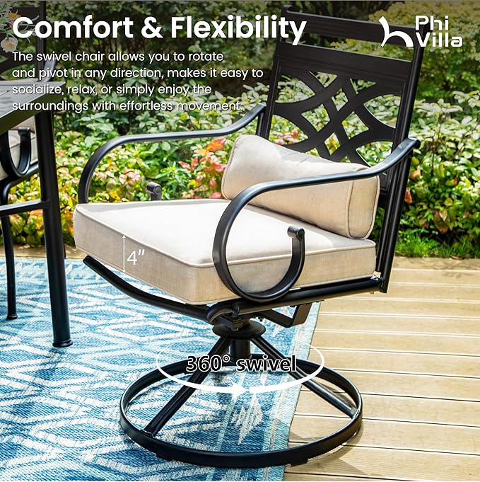 PHI VILLA 5 Pieces Outdoor Dining Set for 4, 42" Square Brown Metal Table & Wrought Iron Swivel Chairs, All Weather Large Outside Furniture with Cushions & Pillows for Patio, Deck, Porch