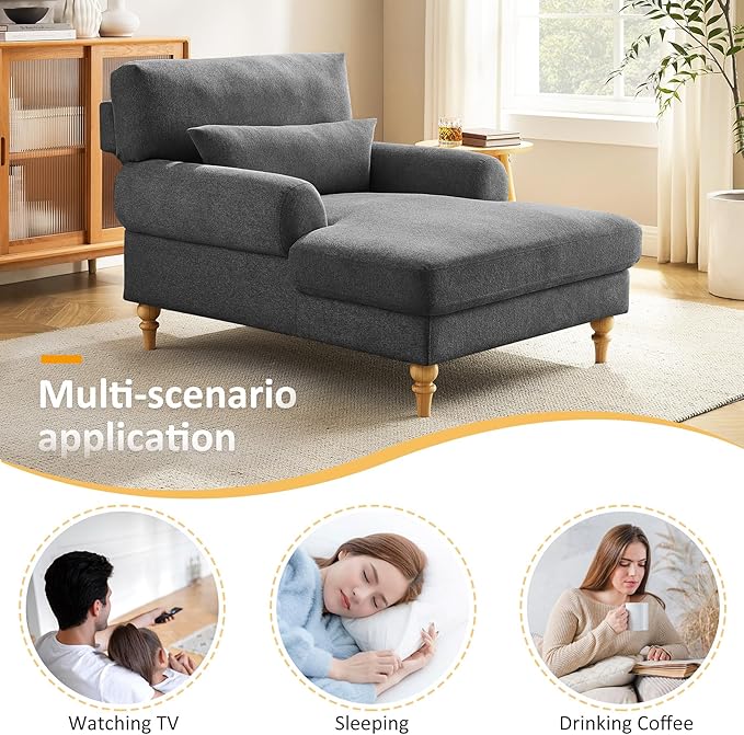 Modern Chaise Lounge Chair with Adjustable Backrest, Upholstered Indoor Leisure Sofa Recliner, Oversized Accent Chair Deep Seat Reading Armchair for Living Room, Bedroom, Office, Dark Gray
