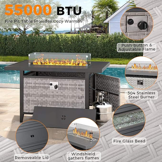 14-Seat Outdoor Wicker Patio Furniture Set with Fire Pit Table, Modular Rattan Sectional Sofa & 2 Swivel Rocking Chairs, 4" Thick Cushions, Rust-Resistant Frame,Gray