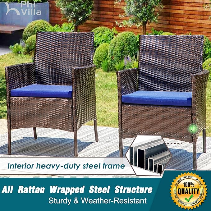 PHI VILLA 9 Pieces Outdoor Dining Set for 8, Large Rectangle Metal Dining Table with Umbrella Hole & Cushioned Wicker Chairs, Outdoor Furniture Set for Patio, Deck, Yard, Porch