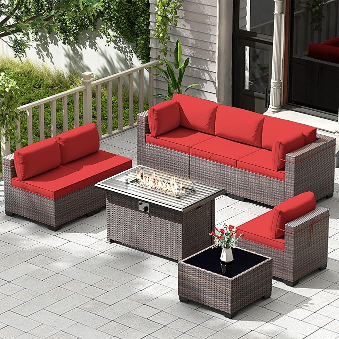 Kullavik 8 Pieces Outdoor Patio Furniture Set,Sectional Sofa Set with 43" 55000 BTU Gas Propane Fire Pit Table,Brown PE Rattan Wicker Patio Conversation Set,Red