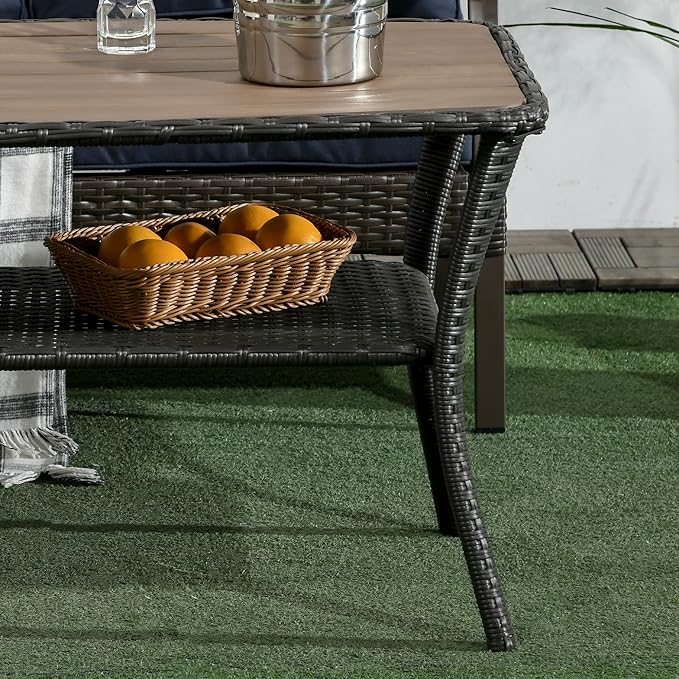 Outsunny PE Rattan Outdoor Coffee Table with Storage, 2-Layer Wicker Side Table, Patio Storage Table with Wood-Plastic Composite Top for Garden, Porch, Backyard, Mixed Brown