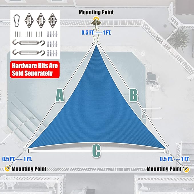 Amgo Custom Size 25' x 25' x 25' Blue Triangle Sun Shade Sail Order to Make Canopy Awning UPF50+ AGSLT, 95% UV Blockage, Water & Air Permeable, 200GSM Commercial Standard (We Customize)