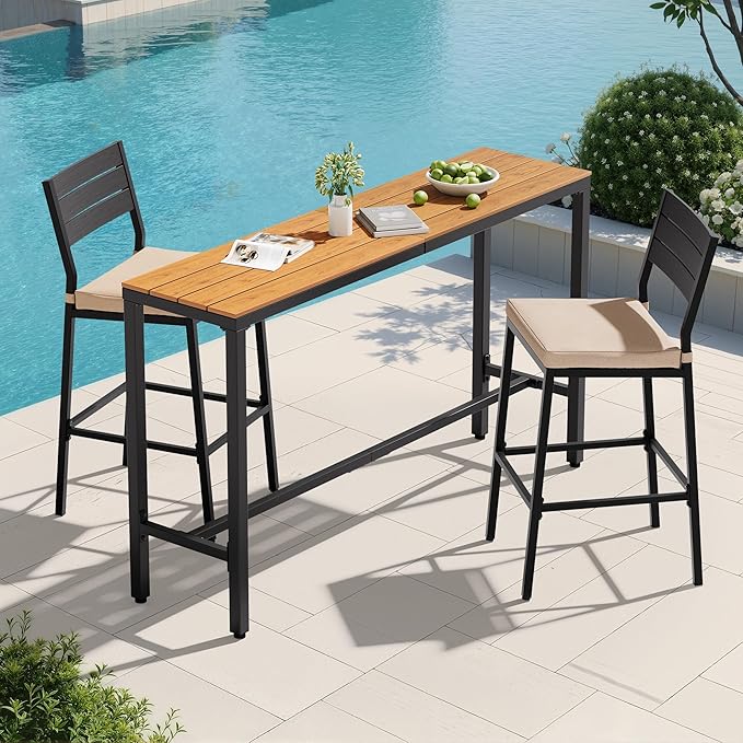 Crestlive Products Outdoor Bar Table and Chairs Set, 3 Piece Outside Patio Bar Set with 63" Long Bar Table and 2 Bar Stools for Balcony, Bistro, Garden, Backyard(Brown Desktop and Beige Cushion)