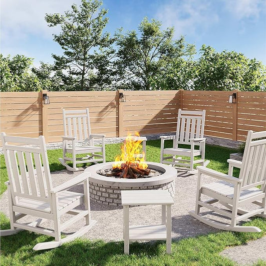 HDPE Rocking Chair Outdoor Set of 4 with 2 Side Table - Poly High Back Porch Rocker Chairs for Adults - All Weather Resistant Furniture for Patio Front Porch - White
