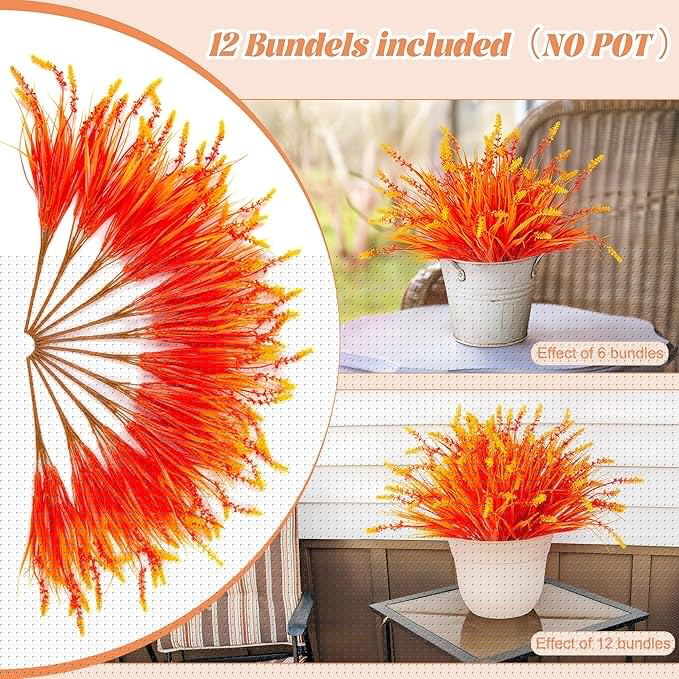 Artificial Fake Plants Flowers for Outdoors Fall Decor, 12 Bundles Fall Leaves Faux Lavender Flowers for Autumn Decoration, Fake Shrubs UV Resistant Planter No Fade for Garden Porch Balcony(Orange)