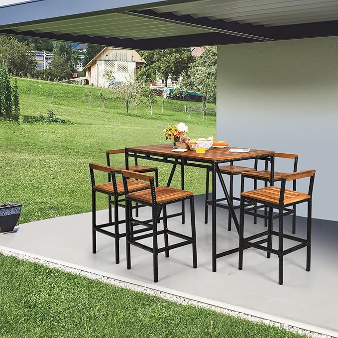 HAPPYGRILL 7 Piece Patio Bar Table Set with Umbrella Hole Acacia Wood High-Dining Bistro Set with 6 Bar Stools, PE Wicker Outdoor Bar Set for Backyard Patio and Poolside
