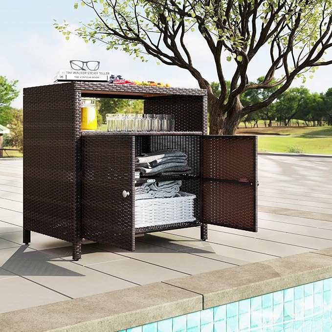 Outsunny Wicker Outdoor Storage Cabinet, Rattan Outdoor Bar Table with Acacia Wood Countertop, 2 Doors and Shelf, Buffet Cabinet Sideboard for Poolside, Garden, Patio, Backyard, Brown