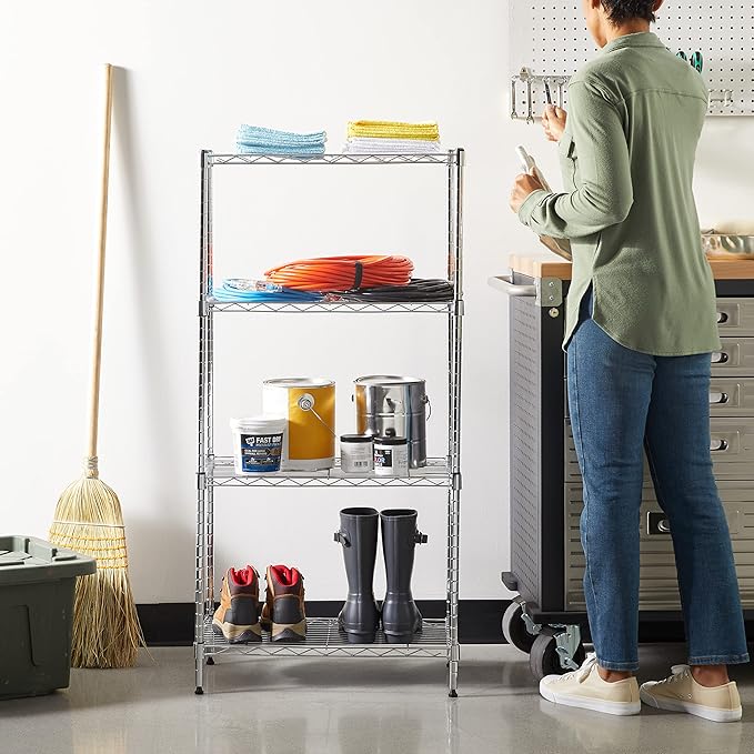 Amazon Basics 4-Shelf Adjustable Storage Shelving Unit for Garage, Steel Wire Rack, 200 Pound Loading Capacity per Shelf, 13.4"D x 23.2"W x 48"H, Chrome