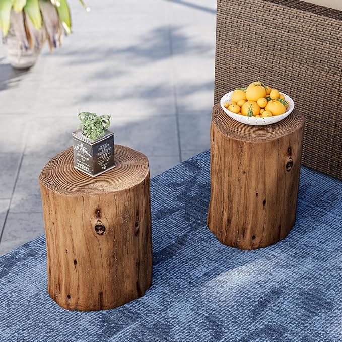 SUNBURY Outdoor Side Table Set of 2, Tree Stump Side Table Light Oak Colored Faux Wood, Wood Stump Stool, Ottoman or Plant Stand, Deck or Garden