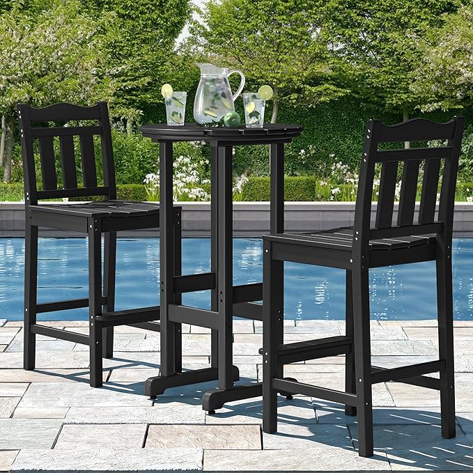 nalone Outdoor Bar Chairs and Table Set, HDPE Balcony Adirondack Chairs and Tables 3 Pieces Set, Outdoor Bar Stools for Garden, Yard, Backyard (Black, Bar Chairs with Table)