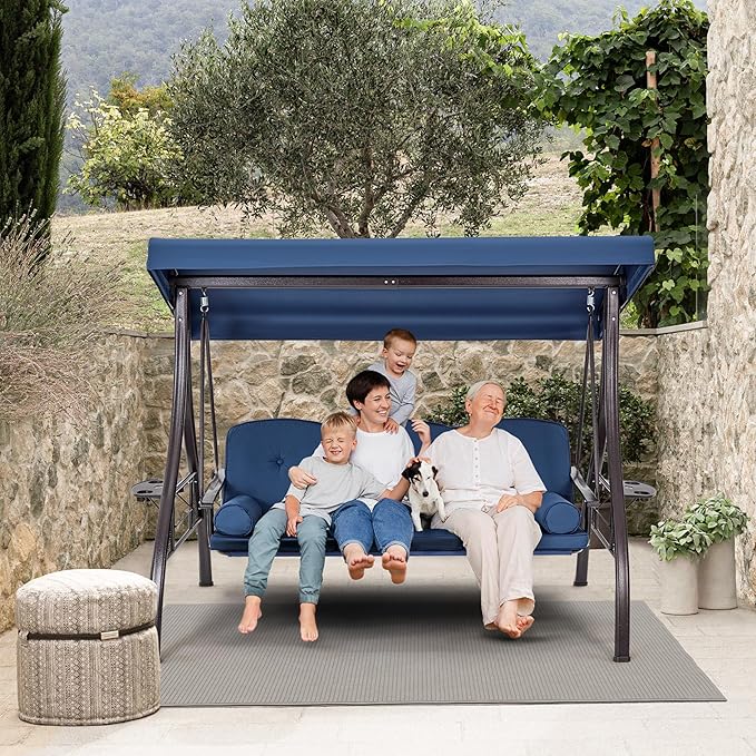 HOMREST 3 Person Outdoor Porch Swing with 1.5" Upgraded Cup Holder, Adjustable Canopy, Backrest, Patio Swing Bed with Weather Resistant Steel Frame, Cushions for Garden,Deck and Poolside(Blue)