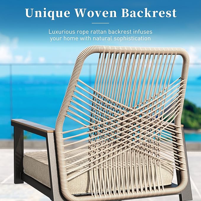 Patio Dining Set 5 Piece, 4 x Woven Rattan Swivel Chairs with Waterproof Cushion, 42” Metal Round Dining Table with Umbrella Hole, Outdoor Table and Chairs Set for Backyard Lawn and Deck, Beige