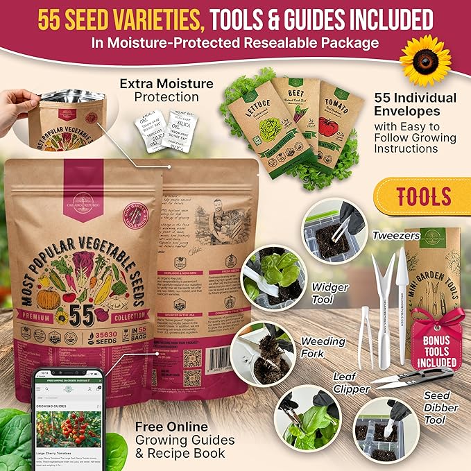 55 Vegetable Seeds Variety Pack - 35,600+ Non-GMO Heirloom Seeds for Planting Vegetables and Fruits in Individual Seed Packets, Home Garden Seeds for Hydroponic, Indoor and Outdoors Gardening