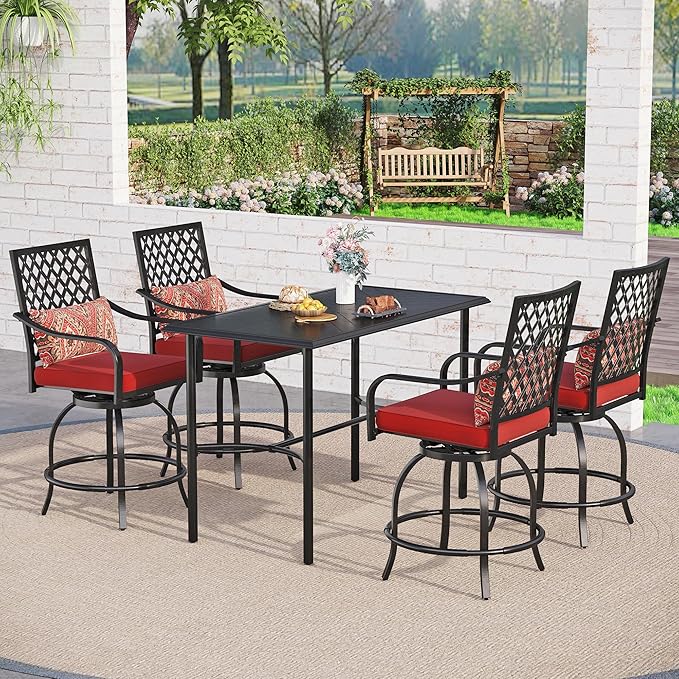 Sophia & William Patio Bar Set 5 Piece Outdoor High Dining Table and Chairs Set, 4 Swivel Bar Stools and 1 Rectangular Bar Height Table, All-Weather Metal Furniture Set with Red Cushion
