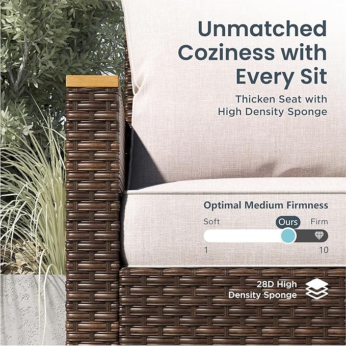 PHI VILLA 5-Piece Wicker Patio Furniture Set, Outdoor Sectional Sofa Conversation Set with Beige Cushions, Half-Moon Curved Modular Couch for Garden, Deck, Backyard