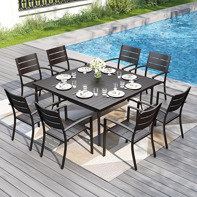 PHI VILLA 9 Pieces Outdoor Patio Dining Set for 8, 60”Square Black Metal Steel Table with Umbrella Hole & Stackable Iron Chairs, Large Outside Furniture Set for Deck, Yard, Porch