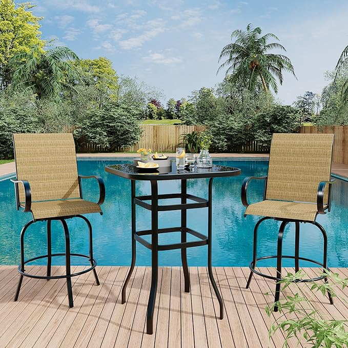 3 PCS Patio Swivel Bar Stools Set, 3 Piece Swivel Outdoor Table and Chairs Bar Set, All Weather Textile Fabric Outdoor High Stool Bistro Set with High Glass Bar Table for Lawn, Garden, Balcony