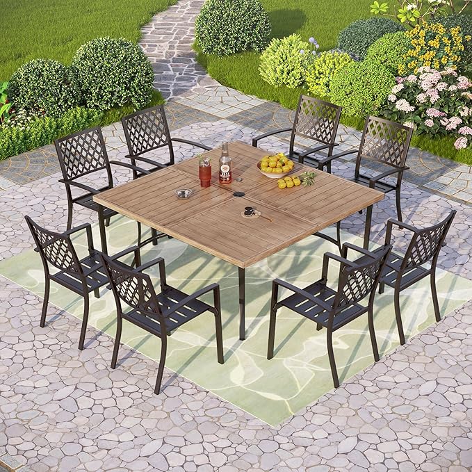 PHI VILLA 9 Pieces Outdoor Dining Set for 8, 60" Brown Square Metal Table with Umbrella Hole & Stackable Black Wrought Iron Chairs, Large Outside Furniture Set for Patio, Deck, Yard, Porch
