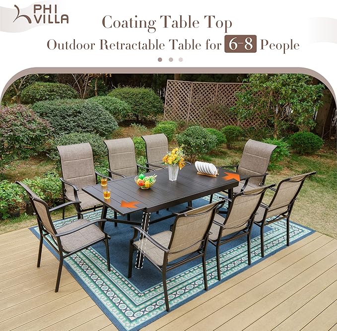 PHI VILLA 7 PCS Patio Dining Set, Outdoor Table and Chair Set with 6 Padded High Back Dining Chair, 1 Extandable Metal Table for Outside, Poolside