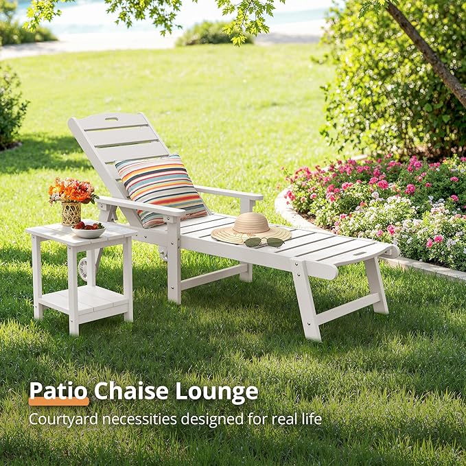 LUE BONA Outdoor Chaise Lounge Chairs Set of 2, HDPS Chaise Lounger, 5 Positions Adjustable Lounge Chairs, Pool Lounge Chair with Wheels for Poolside, 3 Year Warranty, White